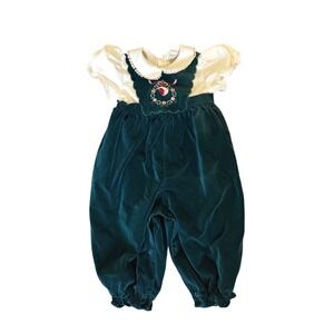 Vintage Girls Baby Green‎ Floral Embroidered Romper 18 Months Holiday Grannycore